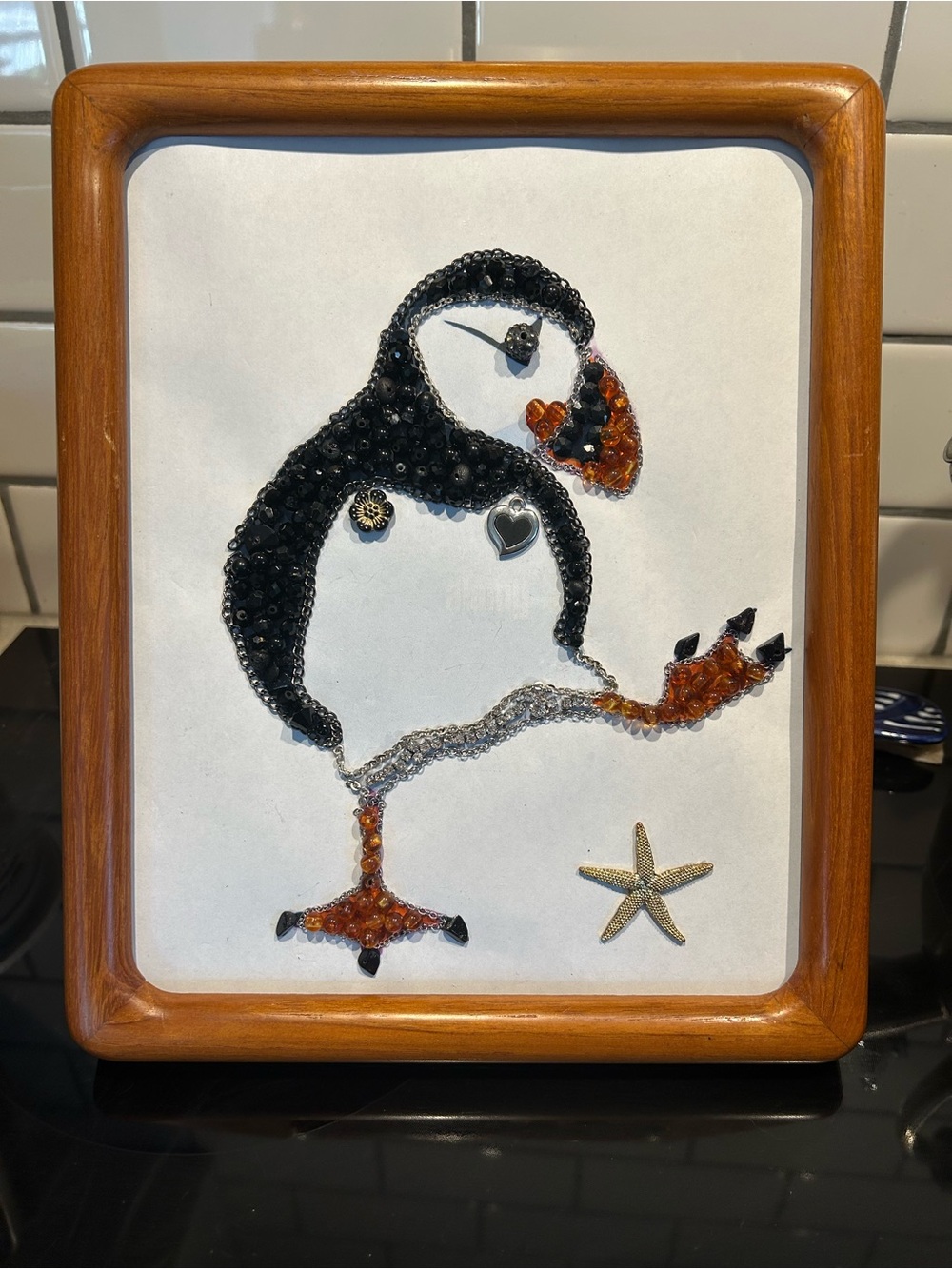 Handmade Beaded Puffin Wall Art - Black & Brown